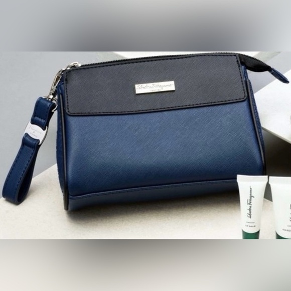 Salvatore Ferragamo Handbags - Salvatore Ferragamo X Eva Air Makeup Toiletry Bag Blue Black Zip Clutch.